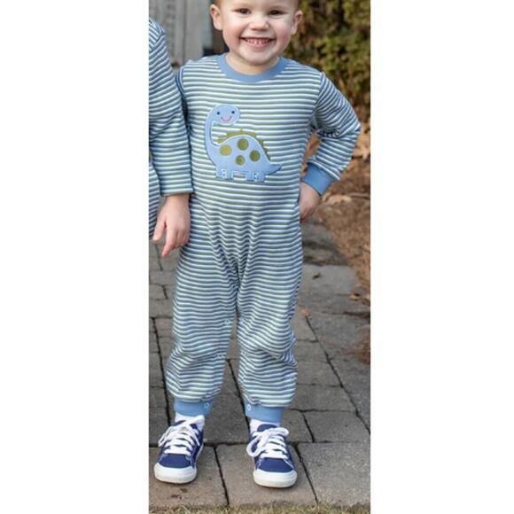 Grace & James Kids Blue Brooks Dinosaur Striped Romper Size 6M - Picture 3 of 7